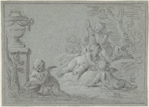 Putti in een landschap met een vaas door Willem Bilderdijk