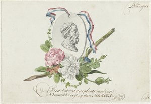 Vignet met bloemen, portretmedaillon en lint