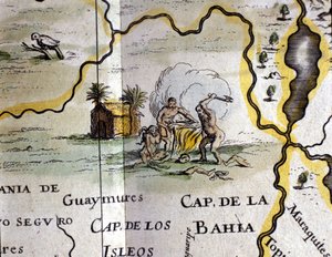 Brazilië. Kannibalen die een man met een bijl voorstellen. Detail van een kaart van de Atlas van W. Blaeu