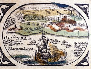 Brazilië, uitzicht op Pernambuc (Recife), Atlas door W. G. Blaeu, Amsterdam 1600.