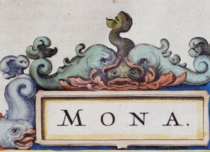 Dolfijnen, frontispice in Roquaille-stijl. Detail van Atlas di W. Blaeu, Amsterdam 1650 door Willem Blaeu