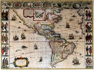 Geografische kaart van Amerika. In "Le theatre du monde ou le nouvel atlas Amsterdam" geproduceerd door Willem Janszoon Blaeu (1571-1638) door Willem Blaeu