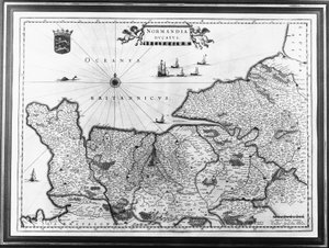 Kaart van Normandië na een illustratie uit Theatrum Orbis Terrarum sive Atlas Novus door Willem en Joan Blaeu, plaat die Normandia Ducatus vertegenwoordigt