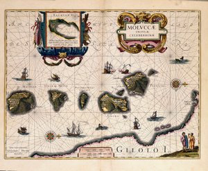 Kaart van de Molukken ten oosten van Indonesië (gravure) door Willem Blaeu