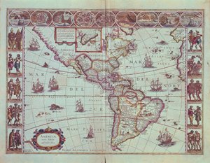 Bord met de kaart van Zuid-Amerika door Willem Blaeu
