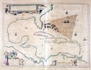 De Caribische Zee: je kunt de Bermuda-driehoek zien tussen de Bermuda-archipel, Miami en Puerto Rico. Volgens de Atlas van Wilhelm Blaeu