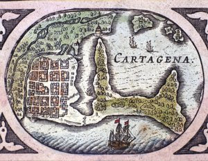 Uitzicht op Cartagena in Colombia (Zuid-Amerika). Detail van een kaart van de Atlas 