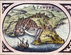 Uitzicht op de versterkte stad Tanger en de kust, Marokko. Kaart uit de Nederlandse Atlas door W. G. Blaeu, Amsterdam