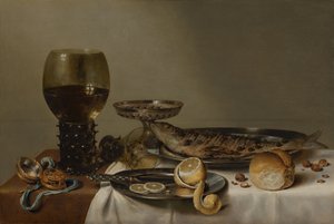 Stillleben mit einem Römer und einer Uhr door Willem Claesz. Heda