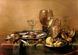 Stilleven met oesters, citroen, glas en gouden servies