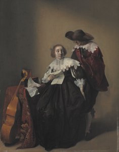 Een Zittende Vrouw met een Brief, een Heer Staand naast Haar