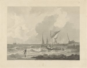 Vissersboten bij een havenhoofd door Willem Hendrik Hoogkamer