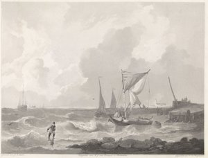 Vissersboten bij een havenhoofd door Willem Hendrik Hoogkamer