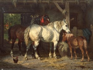 Paarden in stal (schilderij) door Willem Jacobus Boogaard