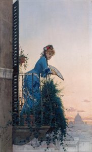 Een elegante schoonheid op een balkon met uitzicht over Rome, met de koepel van Sint-Pieter in de verte