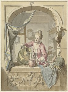 Vrouw schenkt melk uit een kan, in een venster