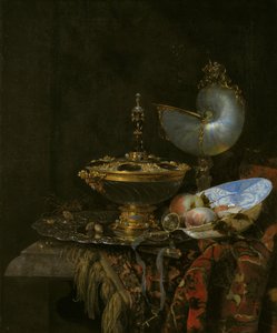Pronkstilleven met Holbein-kom, Nautilusbeker, Glazen Beker en Fruitschaal