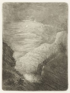 Berglandschap met rivier in maanlicht