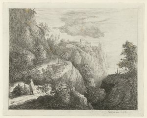 Berglandschap met rustende figuren aan kant van weg