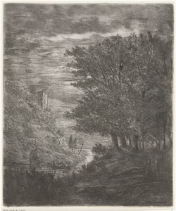 Heuvellandschap met ruïne en bootje op water bij maanlicht