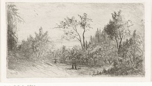 Heuvellandschap met wandelaars en hond bij bosrand door Willem Matthias Jan van Dielen