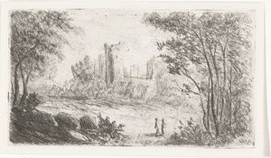Landschap met ruïne van kasteel en twee figuren