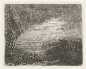 Landschap met twee figuren bij storm en regen