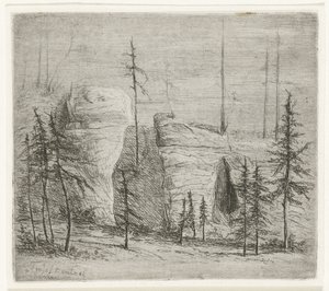 Rotslandschap met naaldbomen, de zogenaamde Teufelkanzel Teufelkantzel Baxen (title on object) door Willem Matthias Jan van Dielen