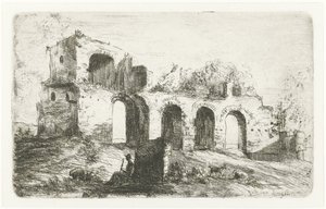 Zuidelijk landschap met ruïne en herder met vee door Willem Matthias Jan van Dielen