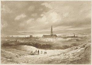 Gezicht vanuit de heuvels op een stad aan een meer door Willem Pieter Hoevenaar
