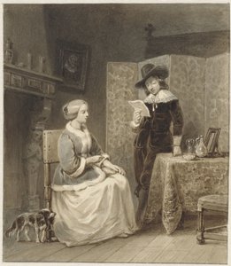 Historisch interieur met zittende vrouw en staande, lezende man door Willem Pieter Hoevenaar