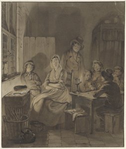 Interieur met groep mensen rond tafel bij kaarslicht door Willem Pieter Hoevenaar