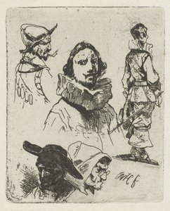 Studieblad met soldaten en een oude vrouw