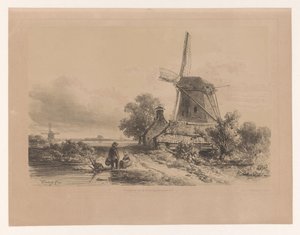 Molen in een landschap met twee figuren