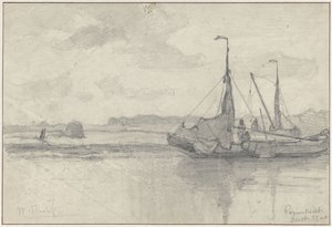 Vissersboten in een landschap te Papendrecht