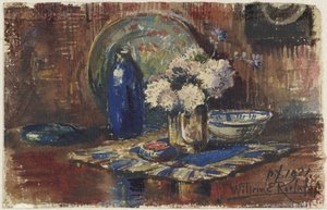 Stilleven met blauwe fles en vaas met bloemen door Willem Roelofs (II)
