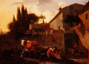 Een herder en vee in de binnenplaats van een Italiaanse boerderij