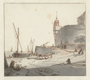 Gezicht op een haven bij een stadsmuur door Willem Schellinks