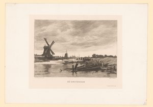 Landschap met molens langs een vaart Bij Amsterdam (titel op object) door Willem Steelink (II)