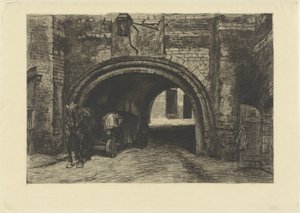 Voertuig met paard onder een oude poort