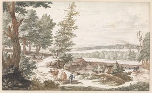 Landschap met ezels op een weg door Willem Swidde