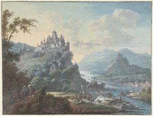 Rivierlandschap met een stad op een heuveltop door Willem Troost (I)