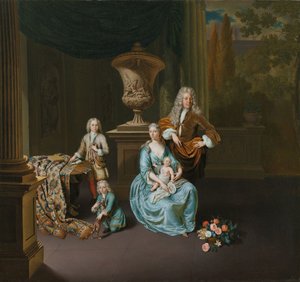 Diederik Baron van Leyden van Vlaardingen (1695-1764). Burgemeester van Leiden, met zijn vrouw Sophia Dina de Rovere en hun zonen Pieter, Jan en Adriaan Pompejus door Willem Van Mieris