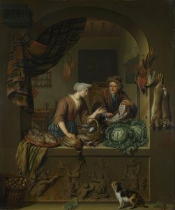 Vrouw en visverkoper in de keuken