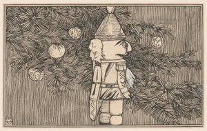 Notenkraker in een huzarenmantel bij een kerstboom