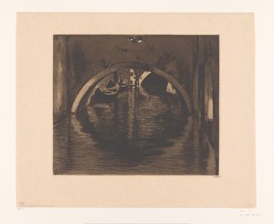Gezicht onder een brug met twee roeiboten
