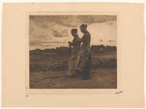 Twee staande breisters in een landschap in Ede door Willem Witsen (signed by artist)