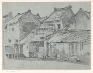 Achtergevels van woningen aan een rivier in Batavia door Willem Arnoldus Witsen