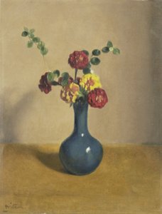 Afrikaantjes in een blauw vaasje door Willem Arnoldus Witsen