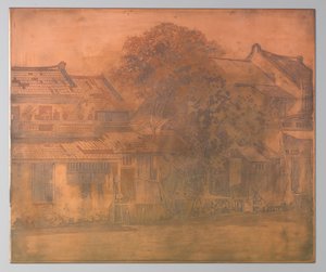 Batavia, huizen aan de kali met bomen ertussen